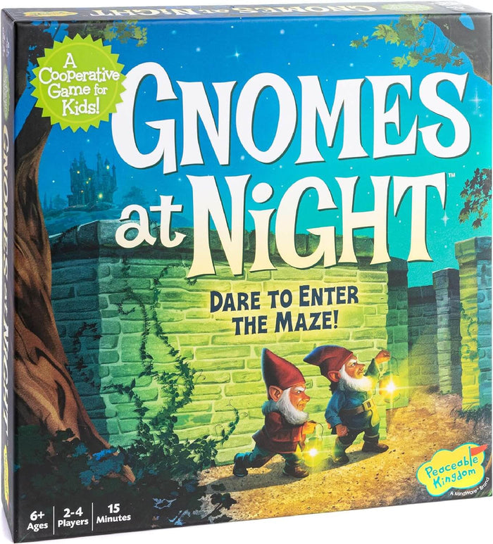 Board game box art with two gnomes holding lanterns in a stone maze at night against a teal, starry sky.