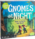 Board game box art with two gnomes holding lanterns in a stone maze at night against a teal, starry sky.