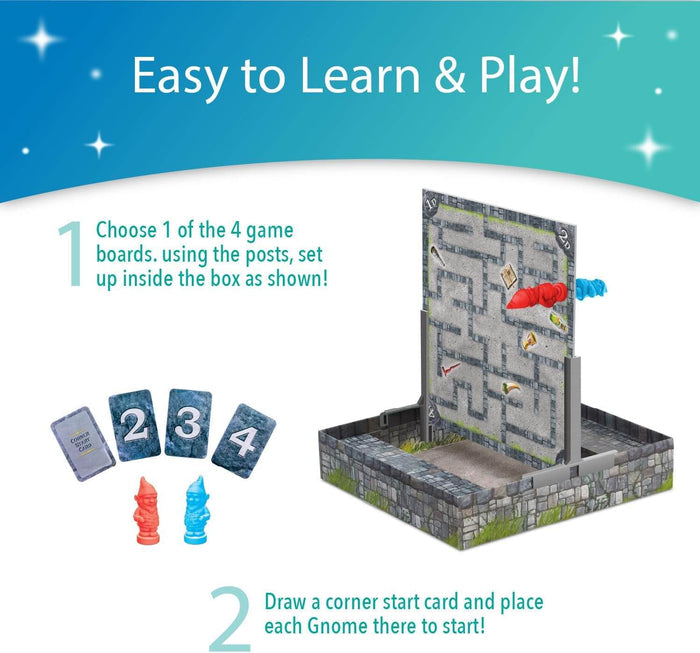 Vertical stone maze board in a box with red and blue gnome figures, magnetic movers, and numbered game cards.