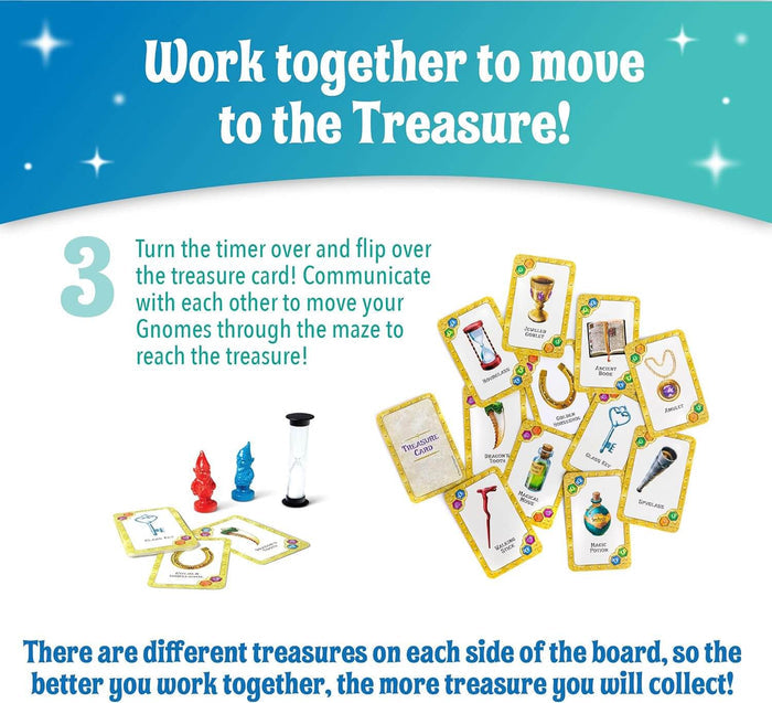Red and blue gnome figures, treasure cards, and a sand timer with game instructions on a light blue background.
