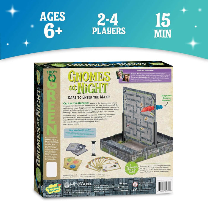 Back of board game box showing a vertical maze, red and blue magnetic movers, and cards against a starry blue background.
