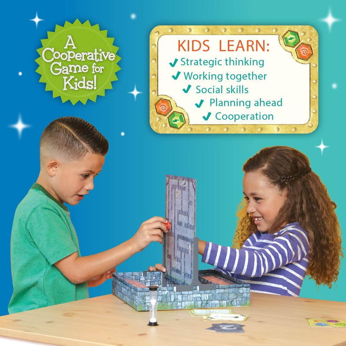 Boy and girl play a vertical board game with a timer on a starry blue background with text listing educational skills.