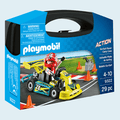 Playmobil blue carry case featuring a yellow and blue go-kart with a driver and orange traffic cones on a racetrack.
