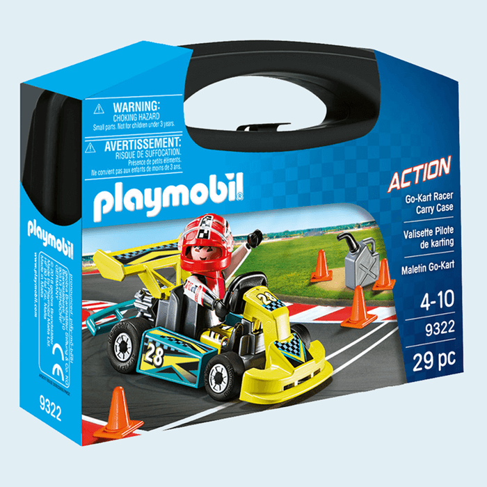 Playmobil blue carry case featuring a yellow and blue go-kart with a driver and orange traffic cones on a racetrack.