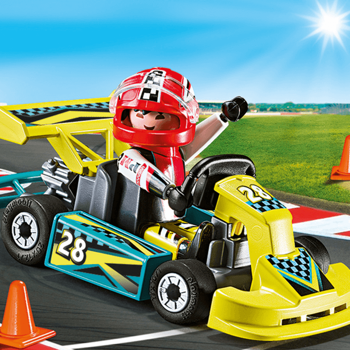 Toy racer in a yellow and blue go-kart numbered 28, driving on a sunny racetrack with orange cones.