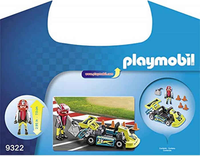 Blue Playmobil carry case packaging showing a racer figure, blue and yellow go-kart, and orange traffic cones.
