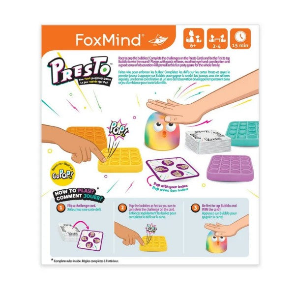 Toy box back showing hands popping colorful silicone bubble boards and game cards with illustrated instructions.