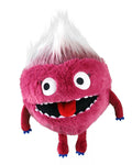 Round fuzzy pink monster puppet with white spiky hair, googly eyes, wide mouth with red tongue, and blue-clawed limbs.