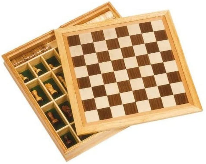 Wooden game set with a checkered board lid open to reveal chess and draughts pieces in green felt-lined compartments.