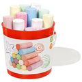 Red and white plastic tub filled with jumbo pastel-colored chalk sticks, shown with a separate white lid.