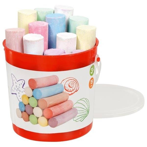 Red and white plastic tub filled with jumbo pastel-colored chalk sticks, shown with a separate white lid.