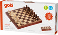 Goki wooden magnetic chess set box showing open board with pieces and a small image of the set folded into a box.