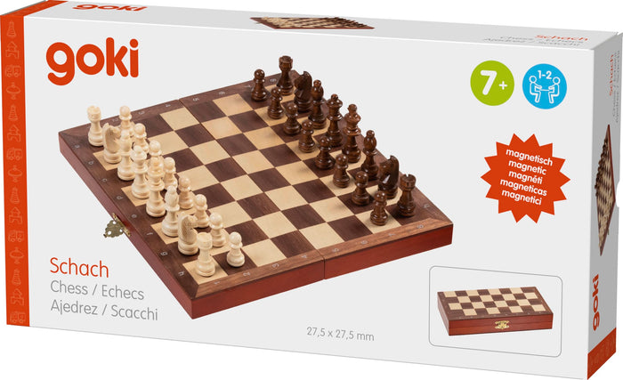 Goki wooden magnetic chess set box showing open board with pieces and a small image of the set folded into a box.