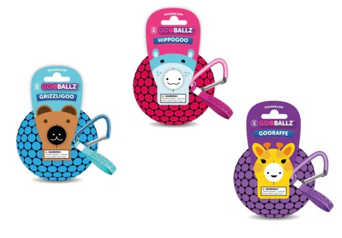 Blue bear, pink hippo, and purple giraffe textured sensory balls with animal face tags and attached carabiner clips.