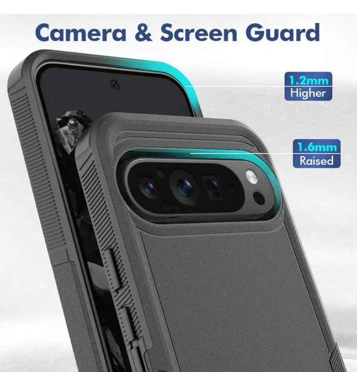Techplus Google Pixel 9 Pro XL dual layer armor hard mobile phone case showing rugged exterior and precise cutouts for buttons and ports.