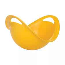 Bright yellow, bowl-shaped plastic rocker and spinner toy with two large handles and a curved rim.
