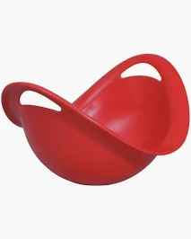 Bright red bowl-shaped plastic rocking toy with two integrated cutout handles and a curved rim.