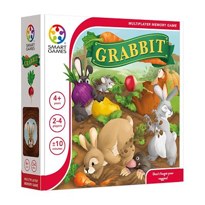 White board game box featuring a colorful illustration of bunnies and a mole gathering vegetables in a garden.
