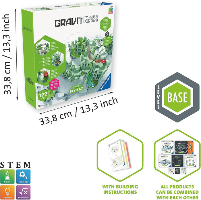 Square white box showing a green marble track, 122 pieces, 13.3 inch dimensions, STEM icons, and building instructions.