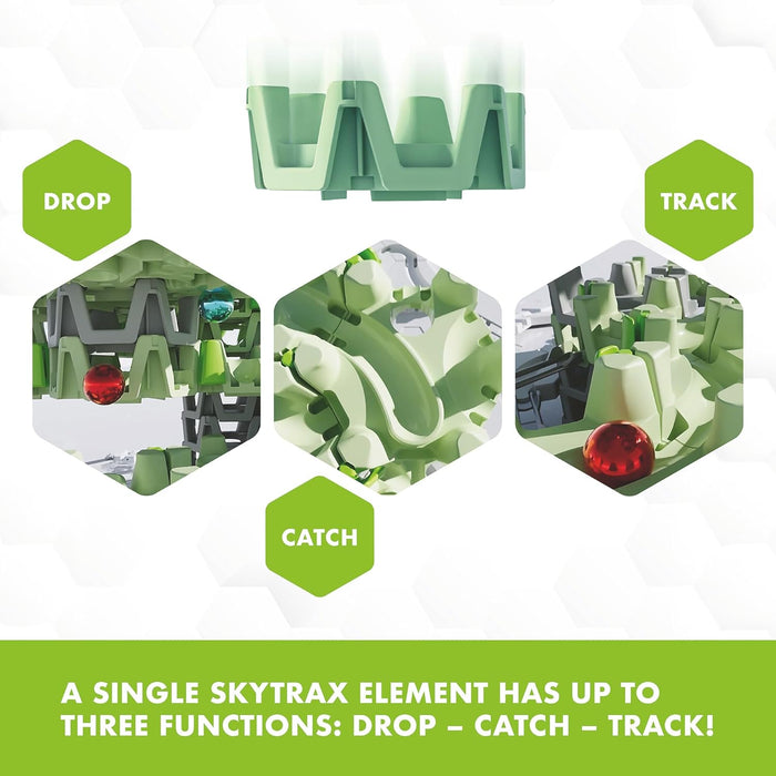 Three hexagons show green Gravitrax Skytrax track pieces with drop, catch, and track functions using colored marbles.