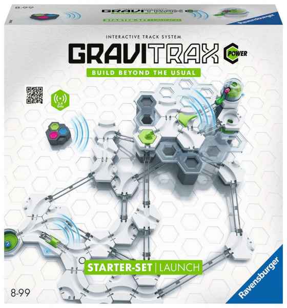 Toy box showing an intricate marble run with white hexagonal tracks, neon green pieces, and remote control signal icons.