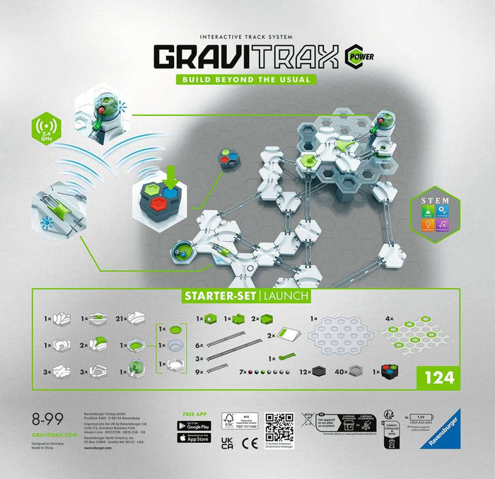 GraviTrax POWER Launch Starter-Set box art with white hexagonal tiles, green tracks, and a 124-piece visual inventory.