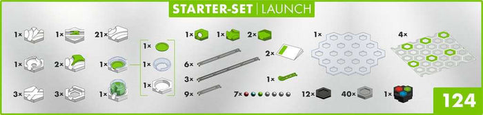 Inventory of 124 marble run components: white hexagonal tiles, green power parts, metal rails, and colored marbles.