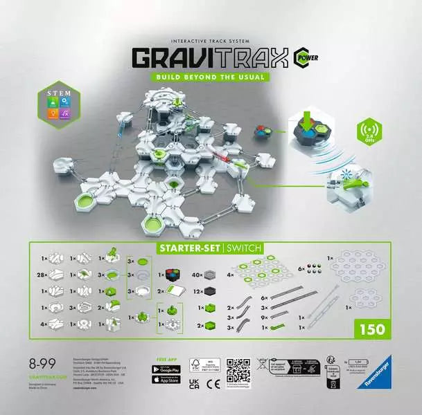 White and lime green hexagonal marble run with silver tracks, remote control, and a visual list of 150 components.