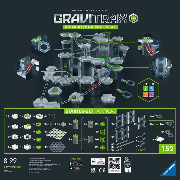 Complex grey and green multi-level marble run graphic with a visual list of 152 building components and STEM icons.