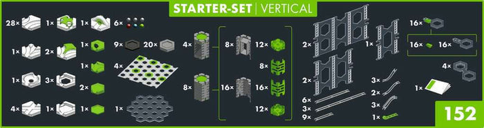 Inventory graphic of marble run components including gray and green tracks, pillars, vertical walls, and hexagonal tiles.