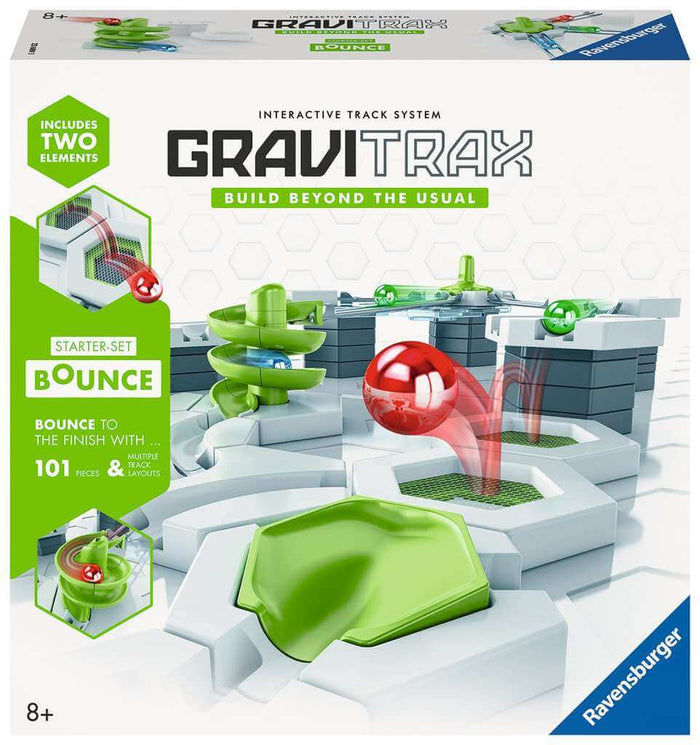 GraviTrax Bounce box with green tracks, grey hexagonal bases, and a red marble bouncing above a green pad.