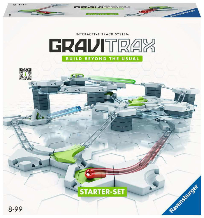 White box showing a complex marble run system with hexagonal base plates, grey pillars, and silver tracks. Age 8-99.