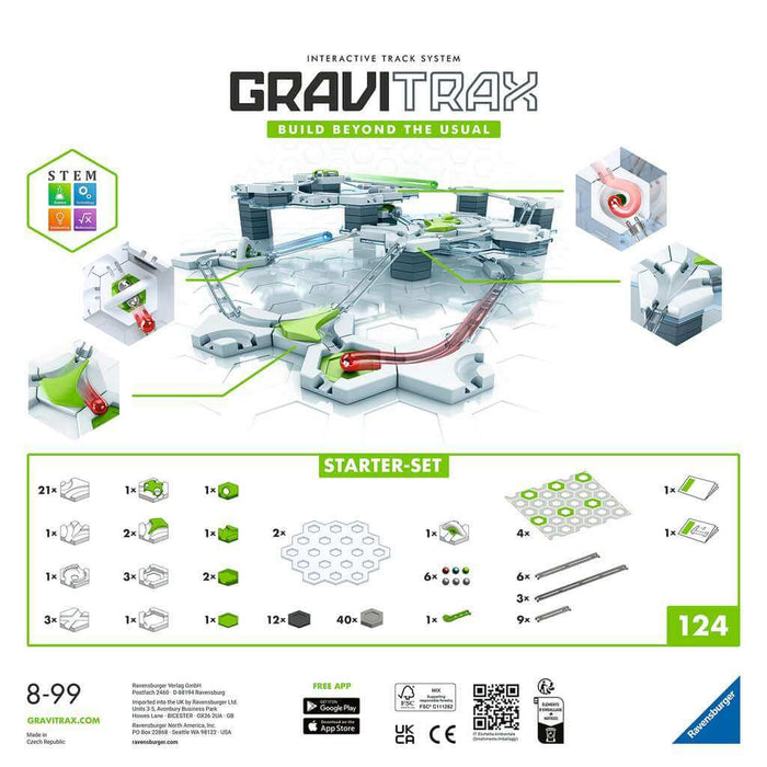 GraviTrax Starter Set packaging showing a complex white and green marble run and a visual list of its 124 pieces.