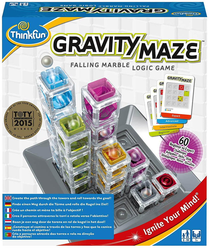 Gravity Maze logic game box with colorful translucent towers on a gray grid, silver marble, and challenge cards.