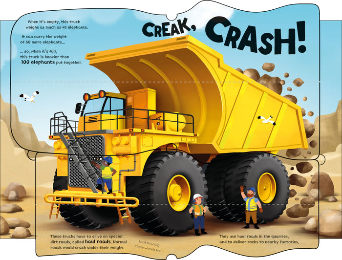 Illustrated board book spread featuring a massive yellow haul truck, construction workers, and lift-the-flap details.