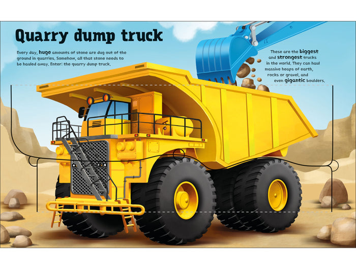 Illustrated yellow quarry dump truck being filled with rocks, with dashed lines showing interactive lift-the-flaps.