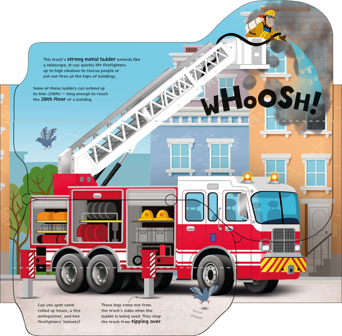 Illustration of a red fire truck with an extended ladder, a firefighter, and interactive flaps in a children's book.