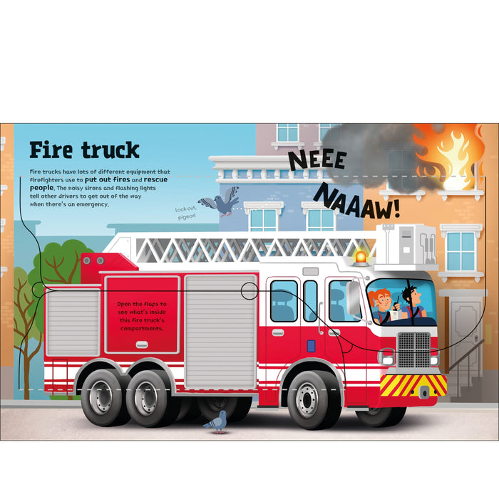Children's book illustration of a red fire truck with a ladder and lift-the-flaps in front of a burning building.