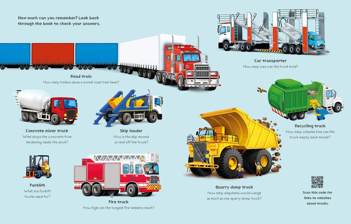 Colorful illustrations of eight trucks, including a fire engine and yellow dump truck, with text on a light blue background.