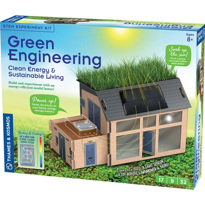 STEM experiment kit box featuring a model house with a living grass roof and solar panels in a sunny field.