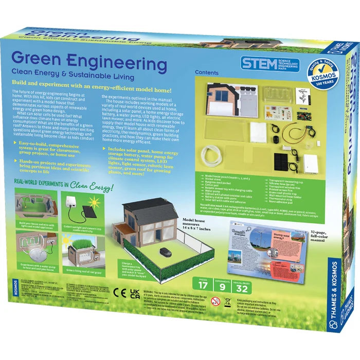 Blue and yellow STEM kit box showing a model house, solar panels, and photos of various clean energy experiments.