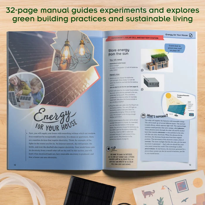 Educational manual open to a solar energy experiment with diagrams and photos of a model house.