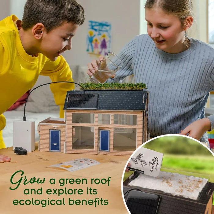 Children water a living grass roof on a model house with a solar panel. Inset shows seeds being planted.
