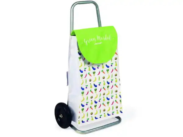 Toy shopping trolley with silver metal frame, fruit-patterned white bag, and a bright lime green top flap.