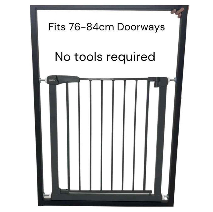 Grey safety gate by Baby Way NZ, secure baby and pet barrier fitting 75-84 cm doors, durable metal gate with safety latch.