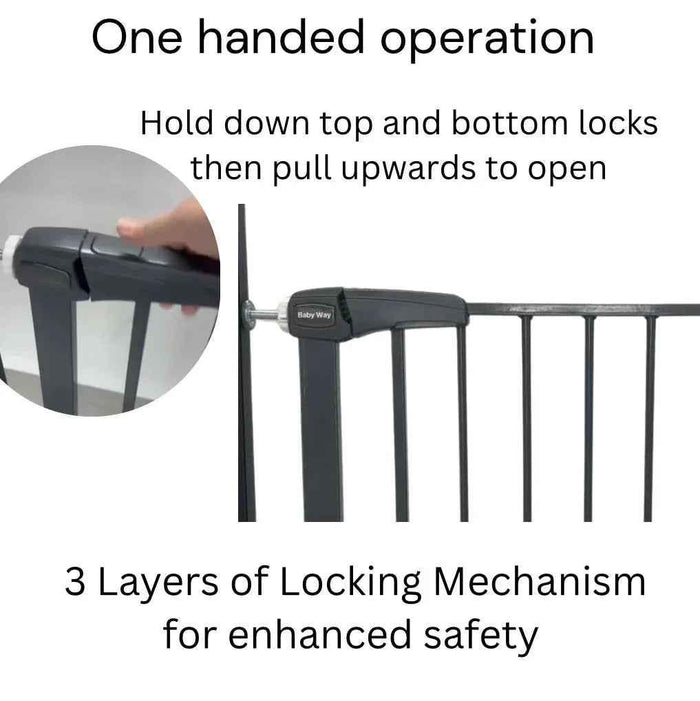 Grey Baby Way NZ safety gate for babies and pets, fits doors 75-84 cm, with secure barrier and easy installation.