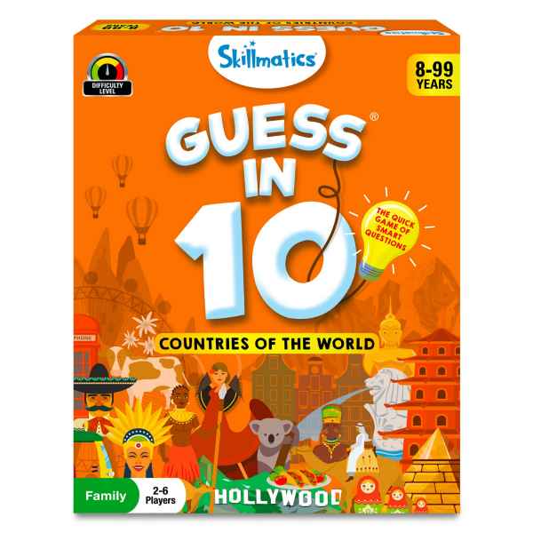 Orange box for Skillmatics Guess in 10: Countries of the World with colorful illustrations of landmarks and cultures.