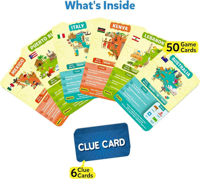 Fanned out colorful trivia cards showing country flags, landmarks, and clues under a blue What's Inside header.