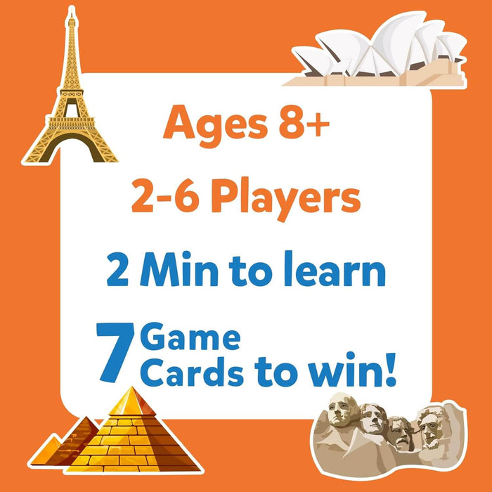 Orange graphic with landmark icons and game info: Ages 8+, 2-6 players, 2 min to learn, 7 game cards to win.