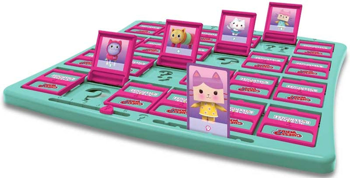 Teal game board with pink frames showing various Gabby's Dollhouse cat characters in standing and folded positions.